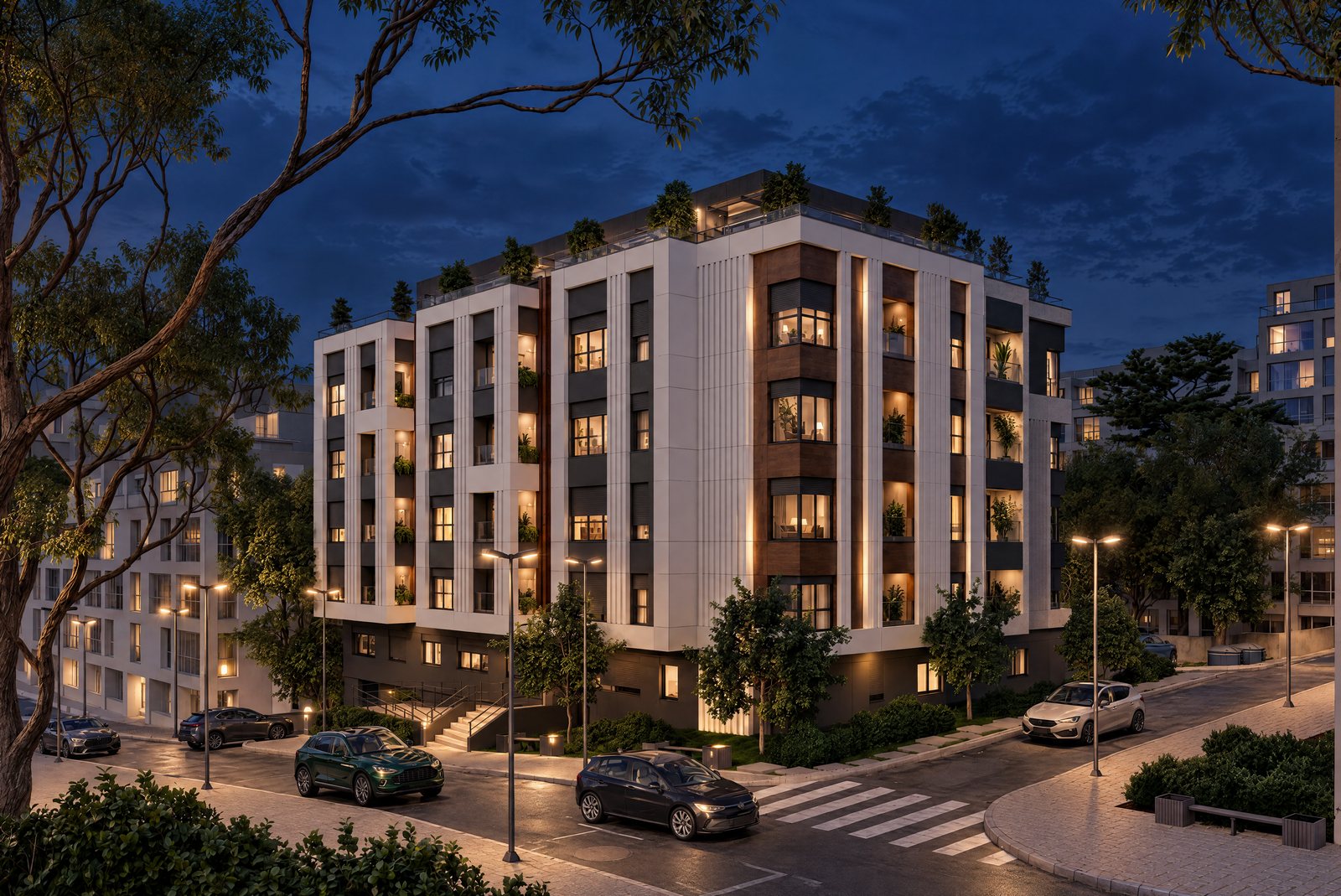Noćni render stambene zgrade sa osvetljenim prozorima i fasadom